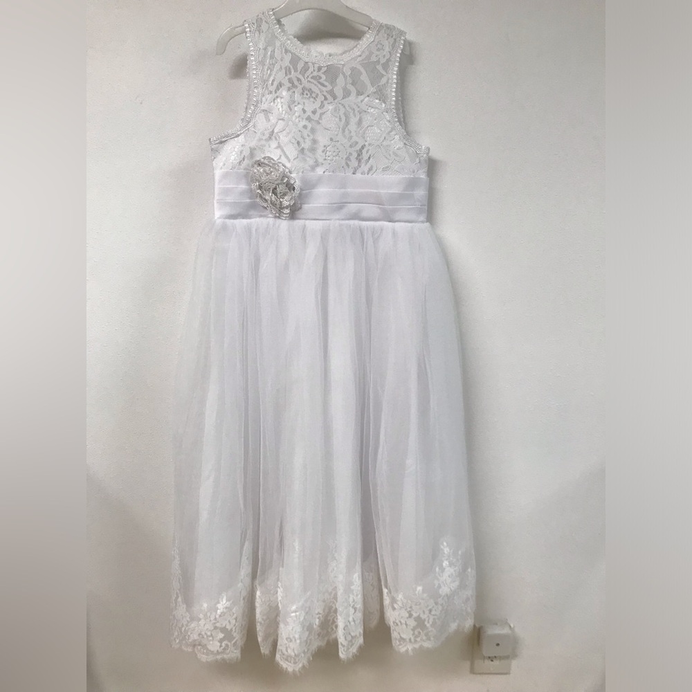 Big Girls Sleeveless White Tulle Church Easter Party Wedding Flower Girl Dress